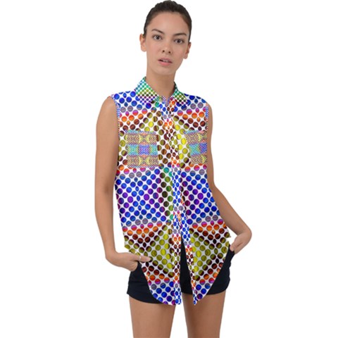 Colorful Circle Abstract White Brown Blue Yellow Sleeveless Chiffon Button Shirt by BrightVibesDesign