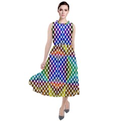 Colorful Circle Abstract White Brown Blue Yellow Round Neck Boho Dress by BrightVibesDesign