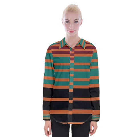 Black Stripes Orange Brown Teal Womens Long Sleeve Shirt by BrightVibesDesign