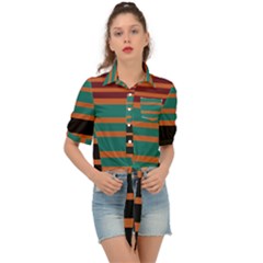 Black Stripes Orange Brown Teal Tie Front Shirt  by BrightVibesDesign