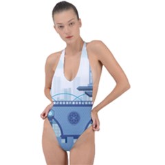 Blue City Building Fantasy Backless Halter One Piece Swimsuit by Vaneshart