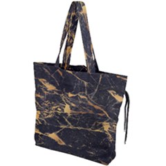Black Marble Texture With Gold Veins Floor Background Print Luxuous Real Marble Drawstring Tote Bag by genx