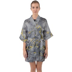 Marble Neon Retro Light Gray With Gold Yellow Veins Texture Floor Background Retro Neon 80s Style Neon Colors Print Luxuous Real Marble Half Sleeve Satin Kimono  by genx