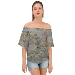 Marble Neon Retro Light Gray With Gold Yellow Veins Texture Floor Background Retro Neon 80s Style Neon Colors Print Luxuous Real Marble Off Shoulder Short Sleeve Top by genx
