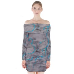 Marble Light Gray With Bright Cyan Blue Veins Texture Floor Background Retro Neon 80s Style Neon Colors Print Luxuous Real Marble Long Sleeve Off Shoulder Dress by genx
