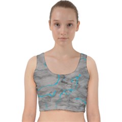 Marble Light Gray With Bright Cyan Blue Veins Texture Floor Background Retro Neon 80s Style Neon Colors Print Luxuous Real Marble Velvet Racer Back Crop Top by genx