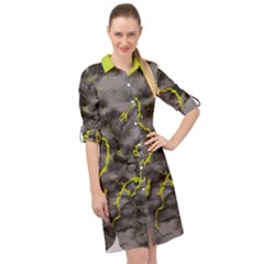 Marble Light Gray With Green Lime Veins Texture Floor Background Retro Neon 80s Style Neon Colors Print Luxuous Real Marble Long Sleeve Mini Shirt Dress by genx