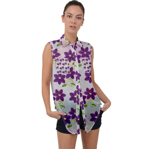 Purple Flower Sleeveless Chiffon Button Shirt by HermanTelo