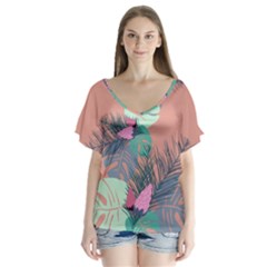 Leaves V-neck Flutter Sleeve Top by Sobalvarro
