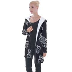 French France Fleur De Lys Metal Pattern Black And White Antique Vintage Black Rocker Longline Hooded Cardigan by Quebec