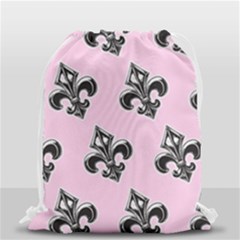 French France Fleur De Lys Metal Pattern Black And White Antique Vintage Pink And Black Rocker Drawstring Bag (small) by Quebec