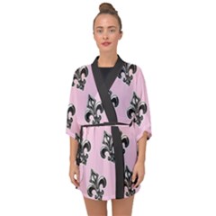 French France Fleur De Lys Metal Pattern Black And White Antique Vintage Pink And Black Rocker Half Sleeve Chiffon Kimono by Quebec