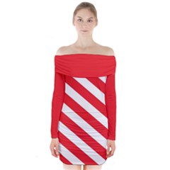 Candy Cane Red White Line Stripes Pattern Peppermint Christmas Delicious Design Long Sleeve Off Shoulder Dress by genx
