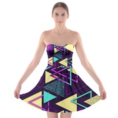 Retrowave Aesthetic Vaporwave Retro Memphis Triangle Pattern 80s Yellow Turquoise Purple Strapless Bra Top Dress by genx