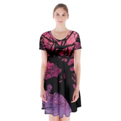 Trees Silhouette Sky Clouds Sunset Short Sleeve V-neck Flare Dress by Wegoenart