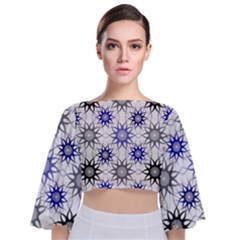 Pearl Pattern Floral Design Art Digital Seamless Blue Black Tie Back Butterfly Sleeve Chiffon Top by Vaneshart