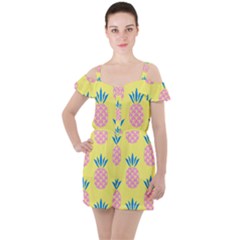 Summer Pineapple Seamless Pattern Ruffle Cut Out Chiffon Playsuit by Sobalvarro