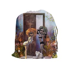 Cute Dark Fairys With Cat Drawstring Pouch (xl) by FantasyWorld7