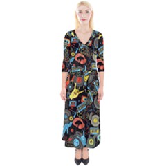 Music Pattern Quarter Sleeve Wrap Maxi Dress by Sapixe