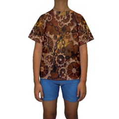 Steampunk Patter With Gears Kids  Short Sleeve Swimwear by FantasyWorld7