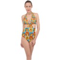 Cute Tiger Pattern Halter Front Plunge Swimsuit View1