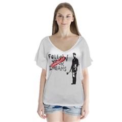 Banksy Graffiti Original Quote Follow Your Dreams Cancelled Cynical With Painter V-neck Flutter Sleeve Top by snek