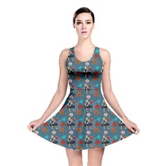 Retro Girls Dress In Black Pattern Blue Teal Reversible Skater Dress by snowwhitegirl
