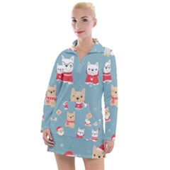 Cute French Bulldog Puppy Dog Christmas Costume Seamless Pattern Women s Long Sleeve Casual Dress by Vaneshart