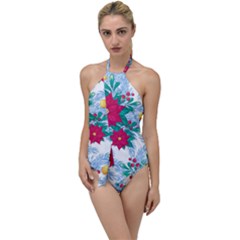 Seamless Winter Pattern With Poinsettia Red Berries Christmas Tree Branches Golden Balls Go With The Flow One Piece Swimsuit by Vaneshart