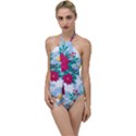 Seamless Winter Pattern With Poinsettia Red Berries Christmas Tree Branches Golden Balls Go with the Flow One Piece Swimsuit View1