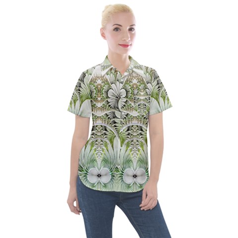 Fractal Delicate White Background Women s Short Sleeve Pocket Shirt by HermanTelo