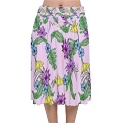 Tropical Flowers Velvet Flared Midi Skirt by fabqa