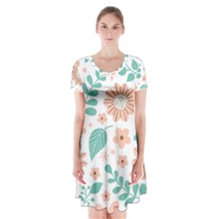 Pattern With Flowers Leaves Short Sleeve V-neck Flare Dress by Wegoenart