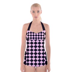 Block Fiesta - Blush Pink & Black Boyleg Halter Swimsuit  by FashionBoulevard