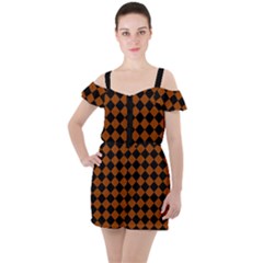 Block Fiesta - Burnt Orange & Black Ruffle Cut Out Chiffon Playsuit by FashionBoulevard