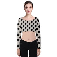 Polka Dots - Black On Abalone Grey Velvet Long Sleeve Crop Top by FashionBoulevard