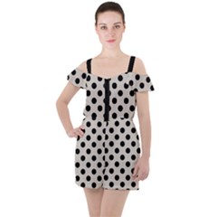 Polka Dots - Black On Abalone Grey Ruffle Cut Out Chiffon Playsuit by FashionBoulevard