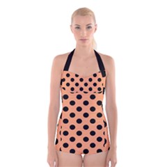 Polka Dots - Black On Cantaloupe Orange Boyleg Halter Swimsuit  by FashionBoulevard