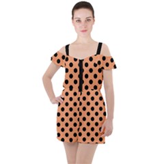 Polka Dots - Black On Cantaloupe Orange Ruffle Cut Out Chiffon Playsuit by FashionBoulevard