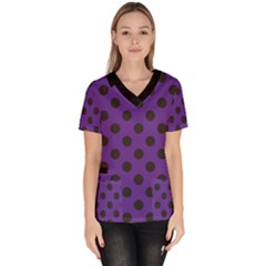 Polka Dots Black On Imperial Purple Women s V-neck Scrub Top by FashionBoulevard
