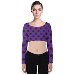 Polka Dots Black On Imperial Purple Velvet Long Sleeve Crop Top by FashionBoulevard
