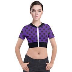 Polka Dots Black On Imperial Purple Short Sleeve Cropped Jacket by FashionBoulevard
