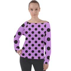 Polka Dots Black On Lavender Purple Off Shoulder Long Sleeve Velour Top by FashionBoulevard
