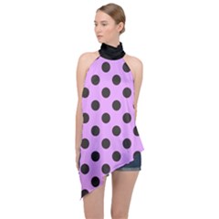 Polka Dots Black On Lavender Purple Halter Asymmetric Satin Top by FashionBoulevard
