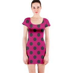 Polka Dots Black On Peacock Pink Short Sleeve Bodycon Dress by FashionBoulevard