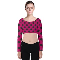 Polka Dots Black On Peacock Pink Velvet Long Sleeve Crop Top by FashionBoulevard