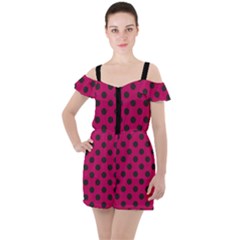Polka Dots Black On Peacock Pink Ruffle Cut Out Chiffon Playsuit by FashionBoulevard
