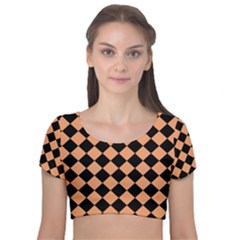 Block Fiesta Black And Cantaloupe Orange Velvet Short Sleeve Crop Top  by FashionBoulevard