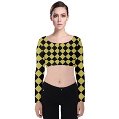 Block Fiesta Black And Ceylon Yellow Velvet Long Sleeve Crop Top by FashionBoulevard