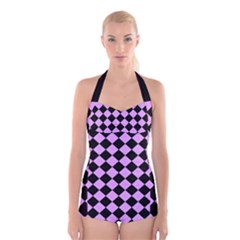 Block Fiesta Black And Lavender Purple Boyleg Halter Swimsuit  by FashionBoulevard
